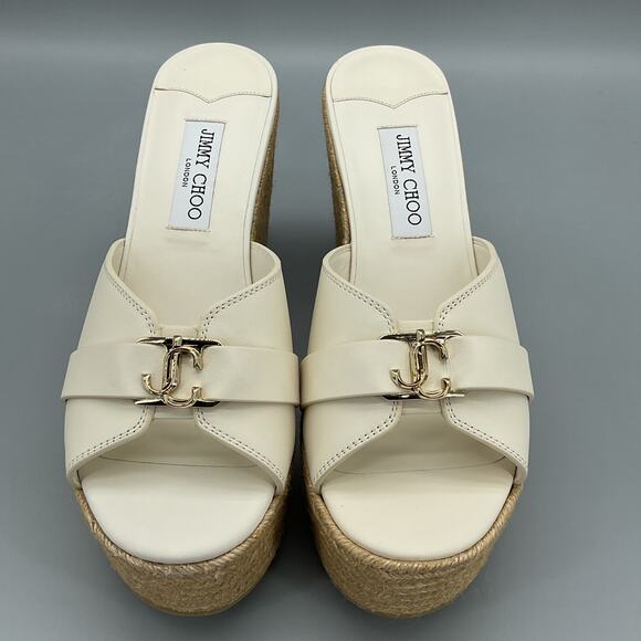 NEW Jimmy Choo Women’s Leda Leather Espadrille Wedges Latte/Gold Size 10 - Picture 3 of 10